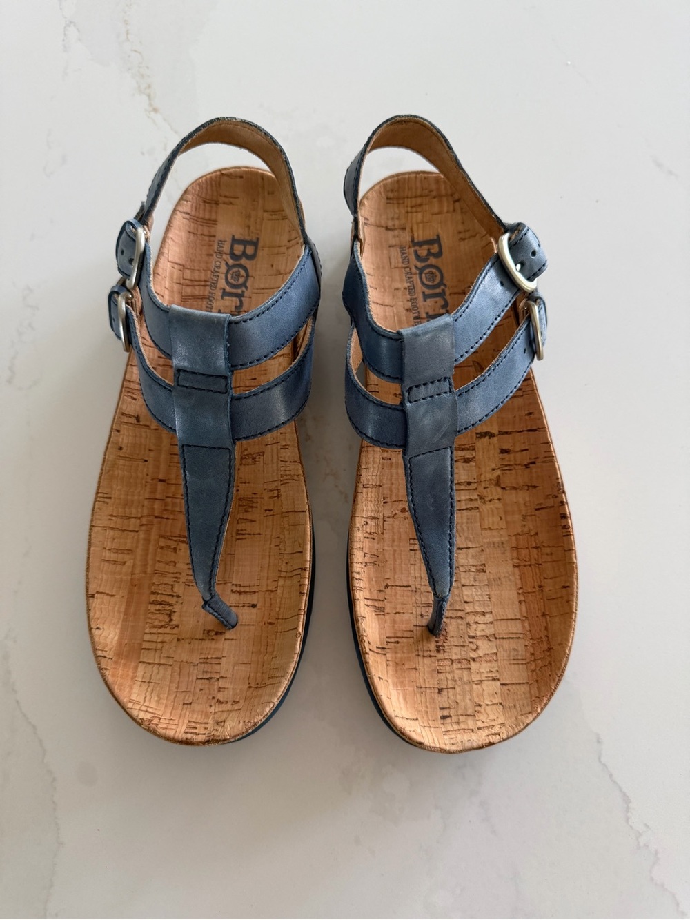 Born Women's Blue Leather T-Strap Cork Footbed Sandals
